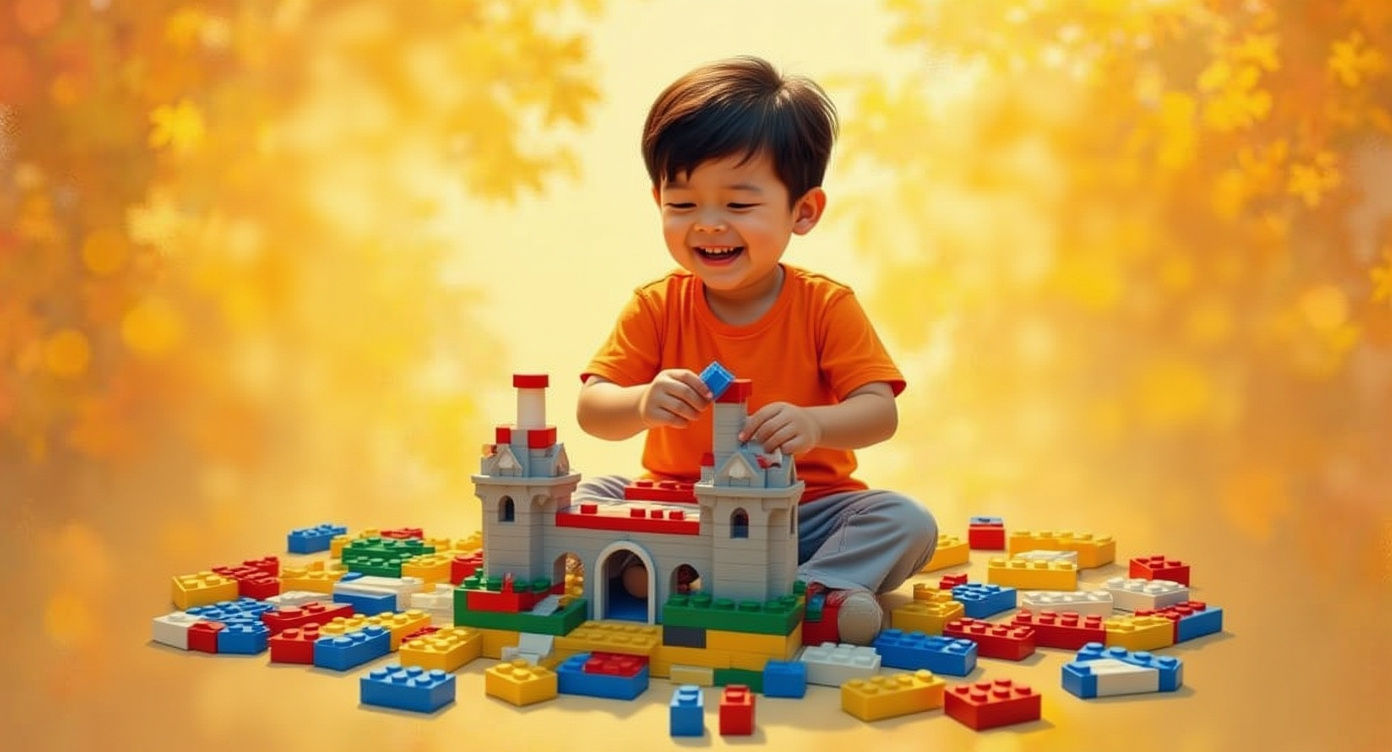Boy's Joy: Lego Gift in Oil Painting Style