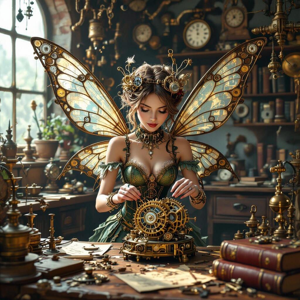 Steampunk Fairy Tinkering in Workshop, Hyperrealistic Style