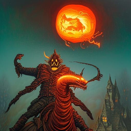 Headless Horseman Throws Flaming Pumpkin: Oil Painting