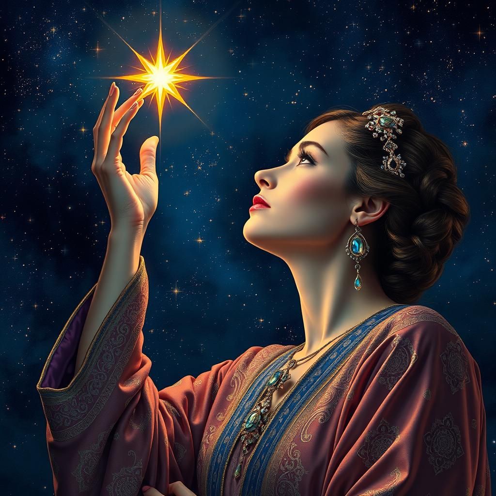 Woman Touches a Star in Dreamlike Digital Art