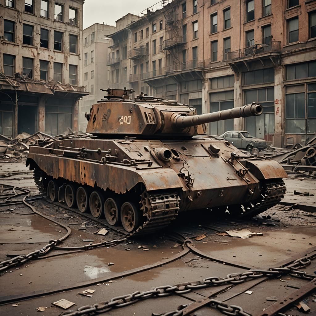 War-Torn Cityscape with Abandoned Tank: Cinematic Still