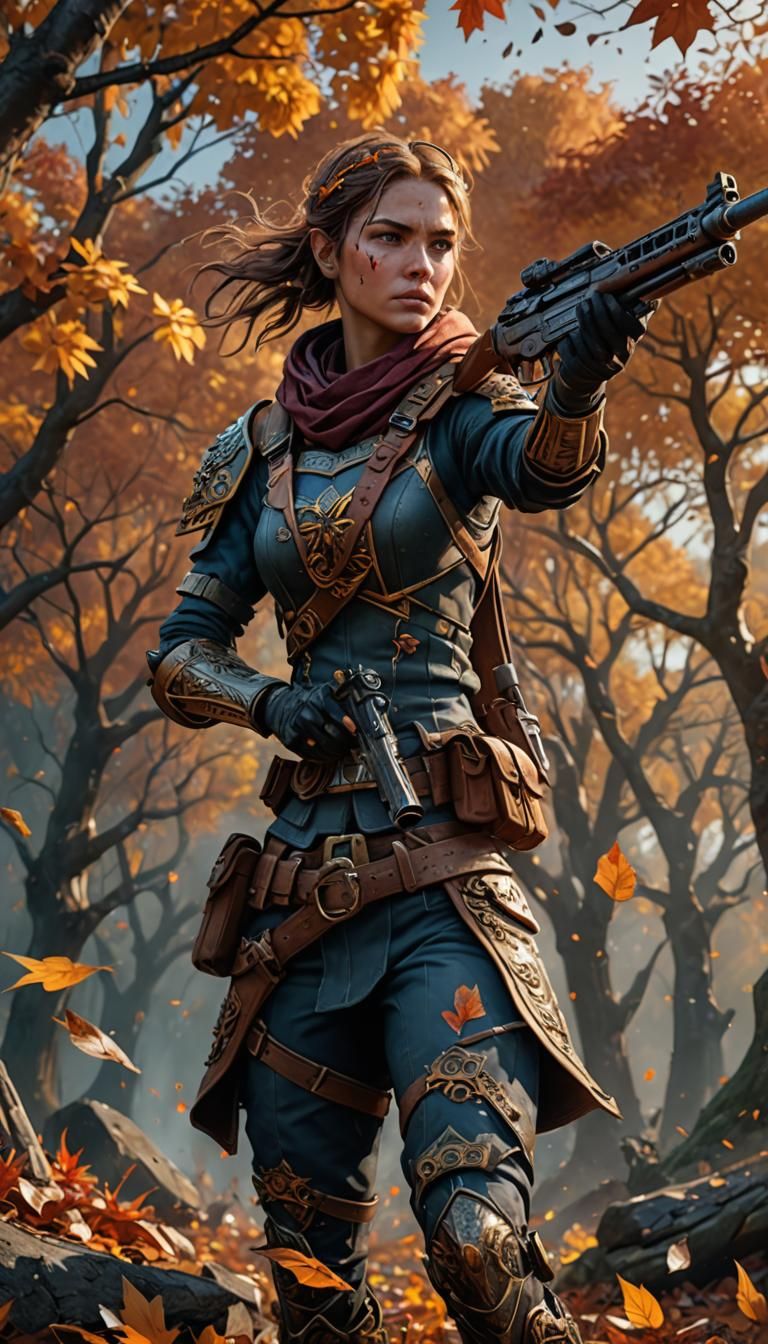 Autumn Warrior Woman in Fantasy Battle