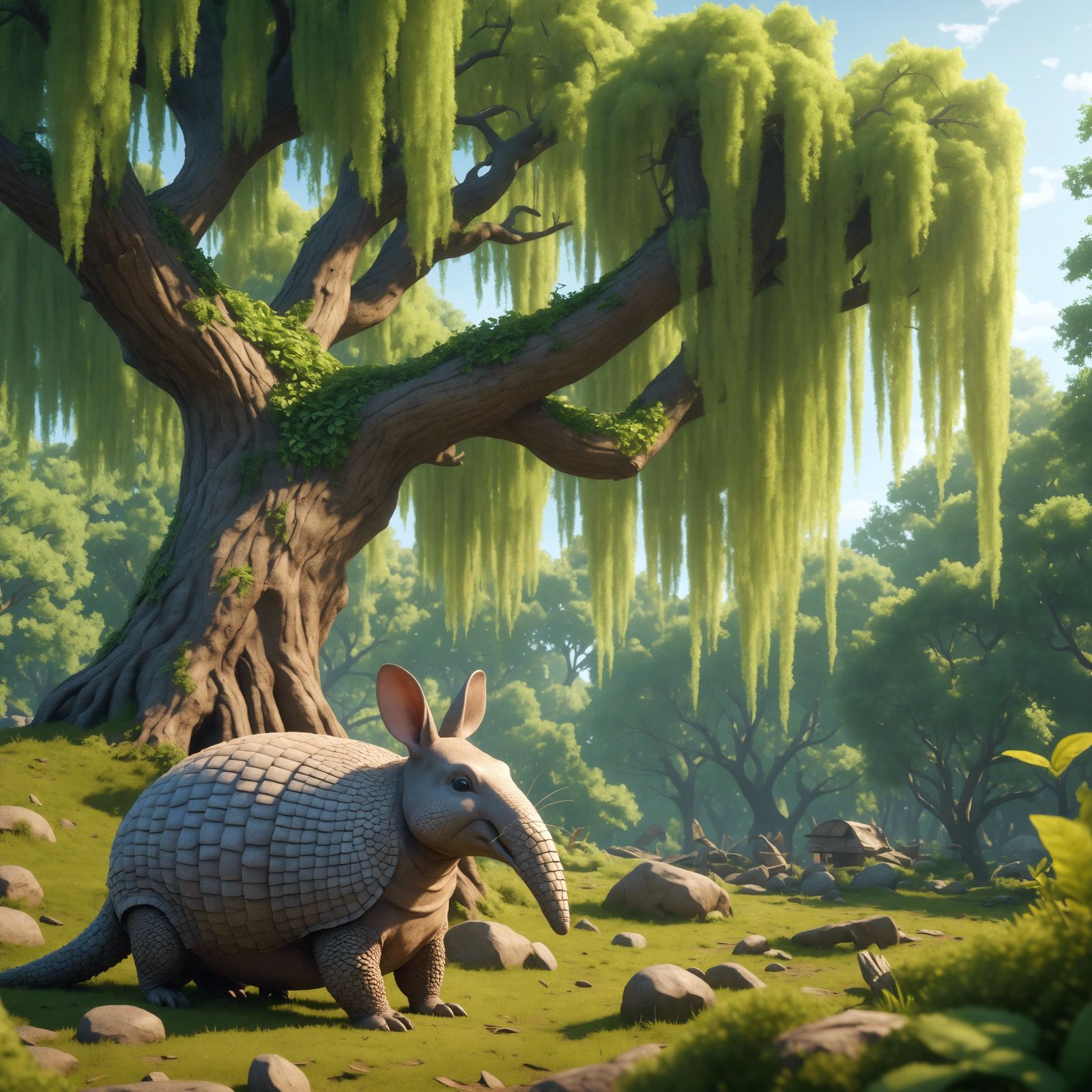 Cartoon Armadillo in Lush Forest Landscape