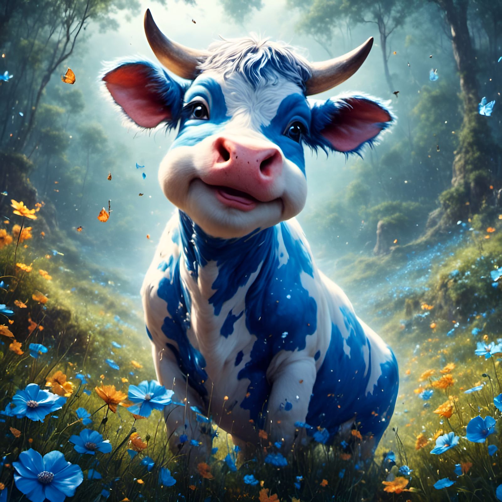 Adorable Blue Cow Portrait in Detailed Digital Art