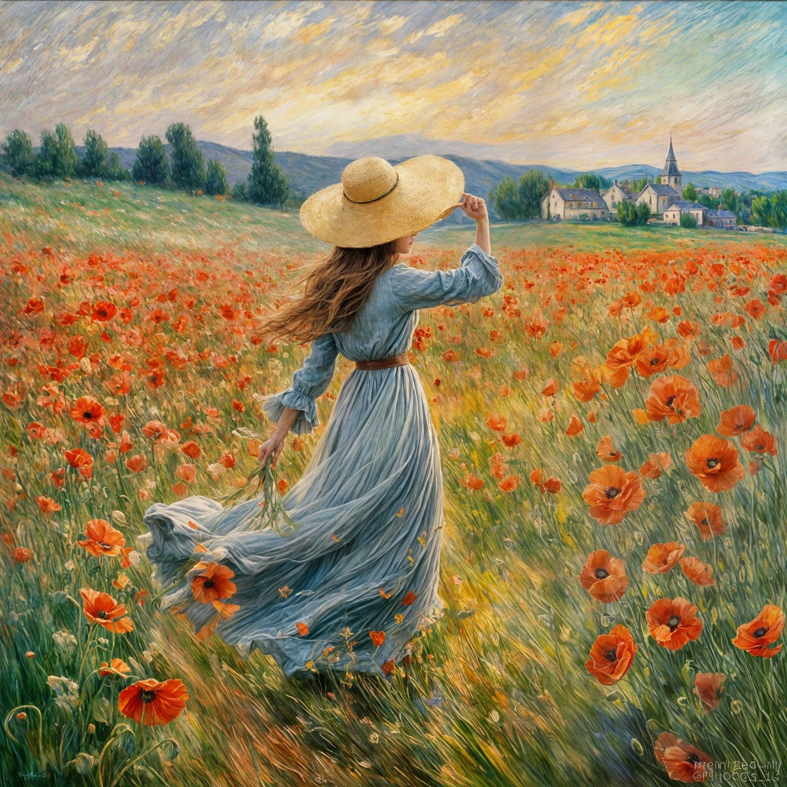 Ethereal French Lady in Poppies Landscape