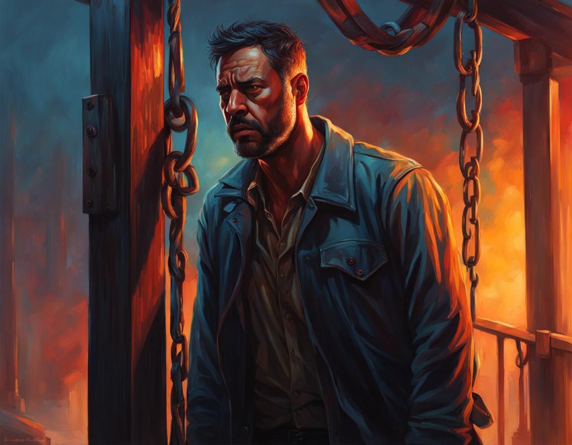 Hyperrealistic Man at Gallows with Tears