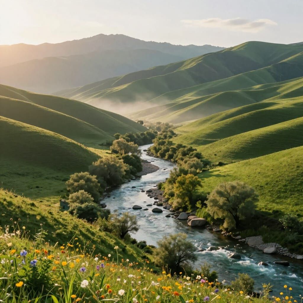Serene Mountain Landscape with River and Golden Hour Light