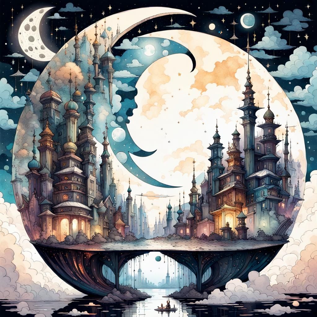 Ornate City Inside Crescent Moon in Galaxy