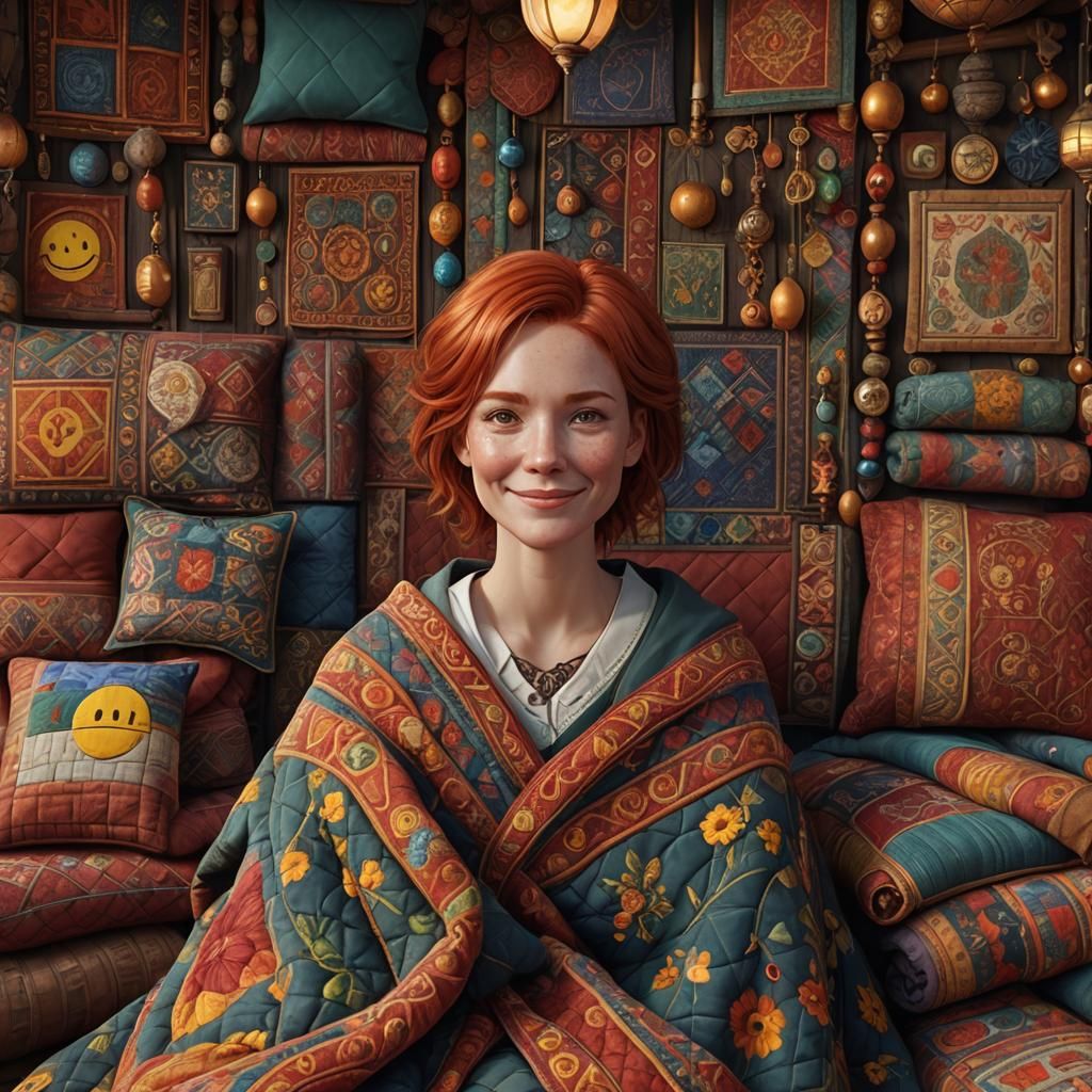 Cozy Woman in Quilted Interior, Detailed Matte Painting