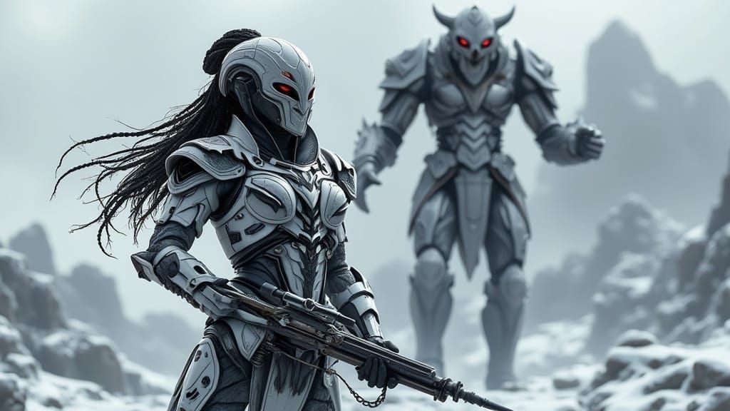 Cyberpunk Warrior in Snowy Cityscape: Fine-Art Photography