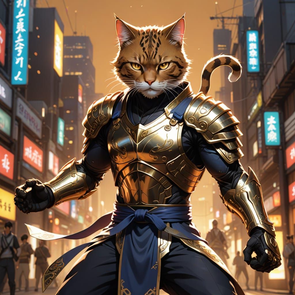 Catman Warrior in Dynamic Karate Pose, 3D Anime Art