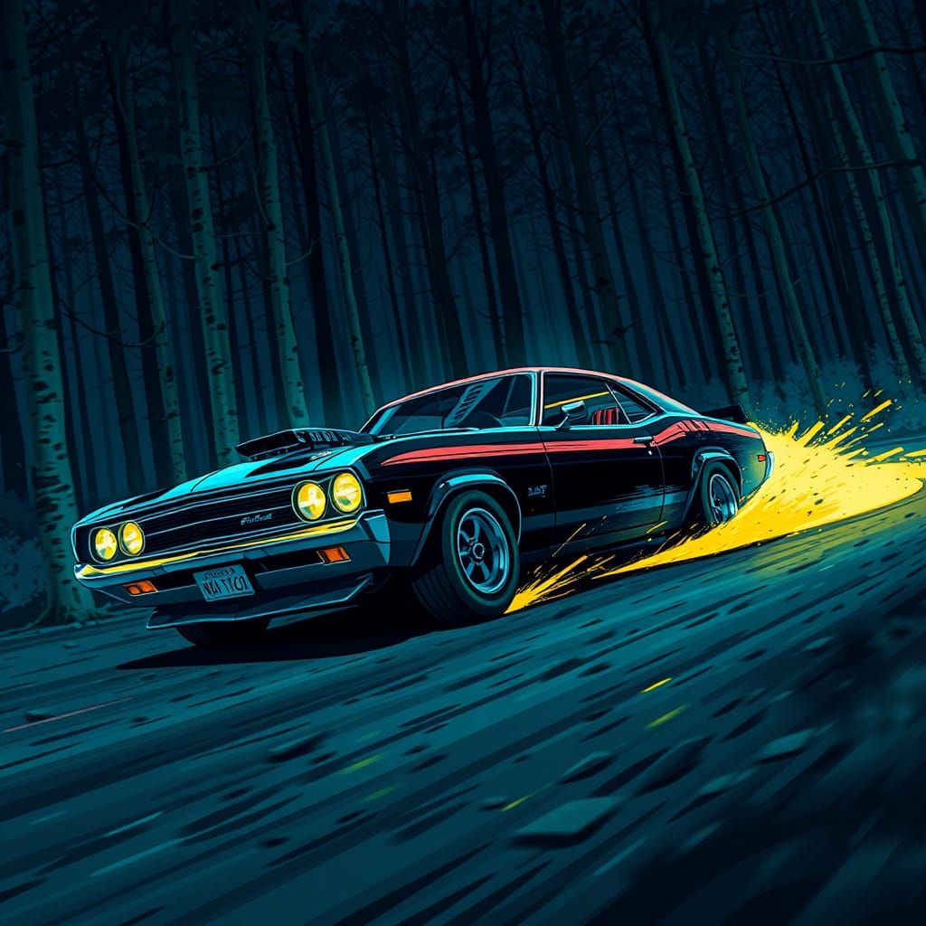 Neon Muscle Car Races Through Dark Woods