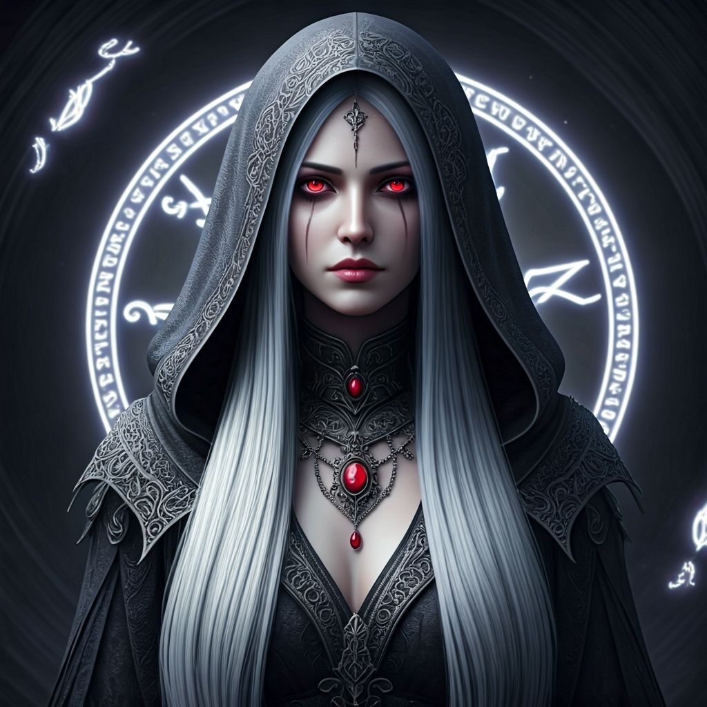 Gothic Priestess with Silver Hair and Red Eyes