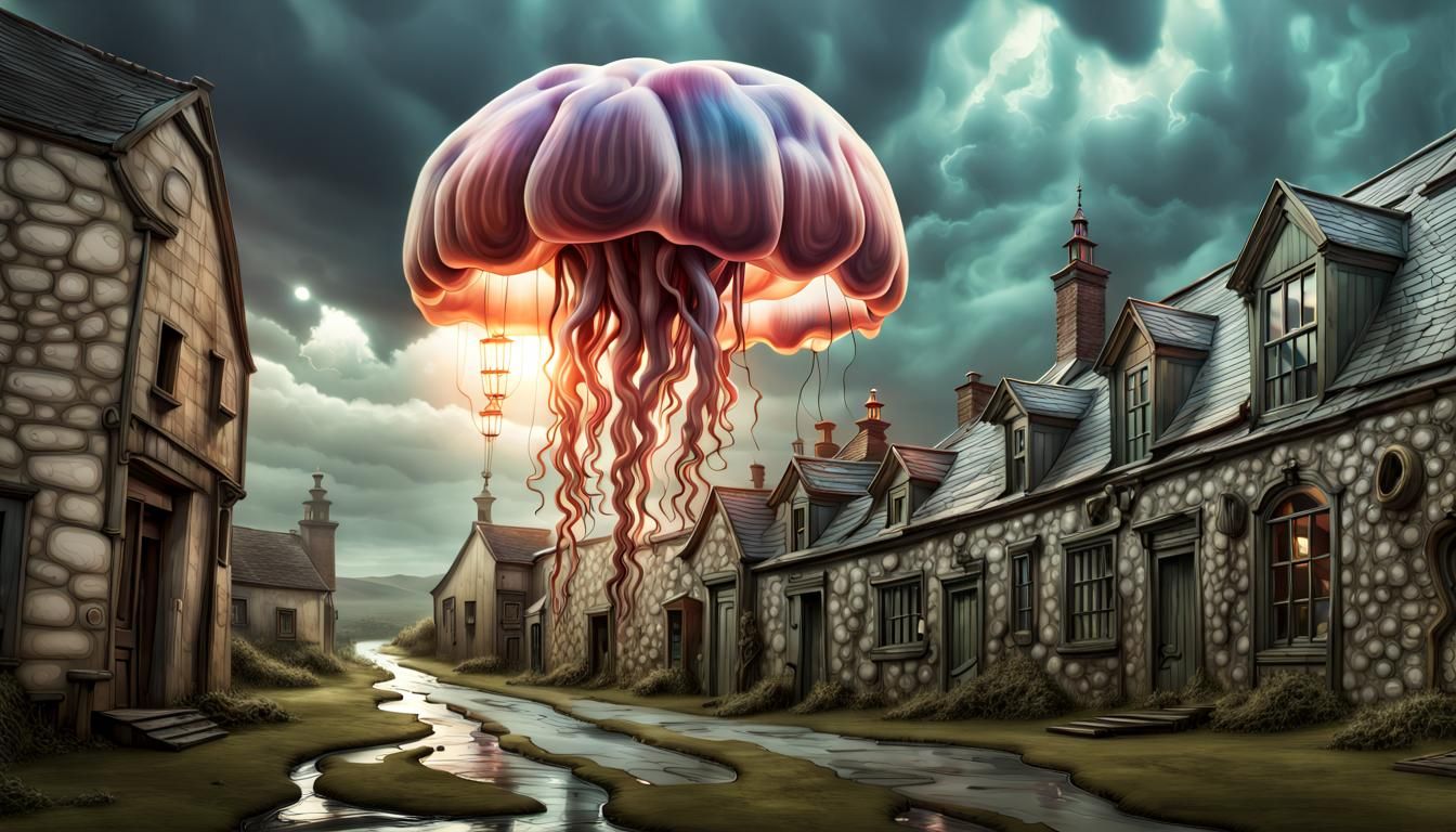 Surreal Victorian Jellyfish Over Dystopian Village