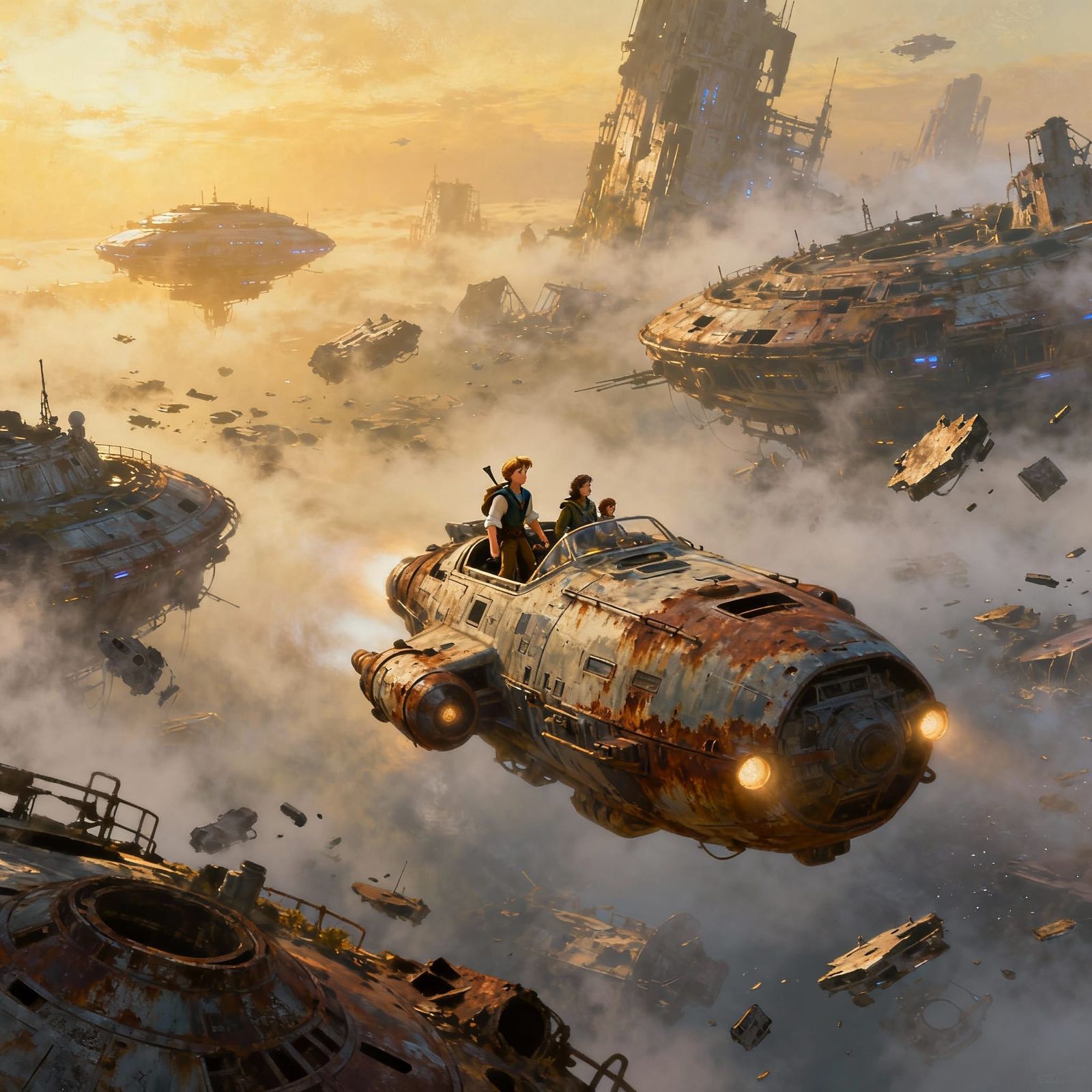 Spaceship Navigates Orbital Debris Graveyard in Ethereal Lig...