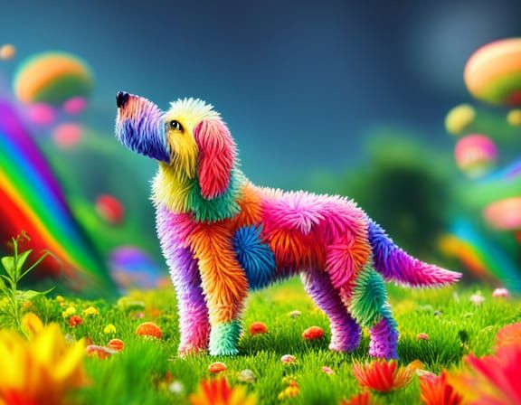 Rainbow Origami Dog in Flower Garden