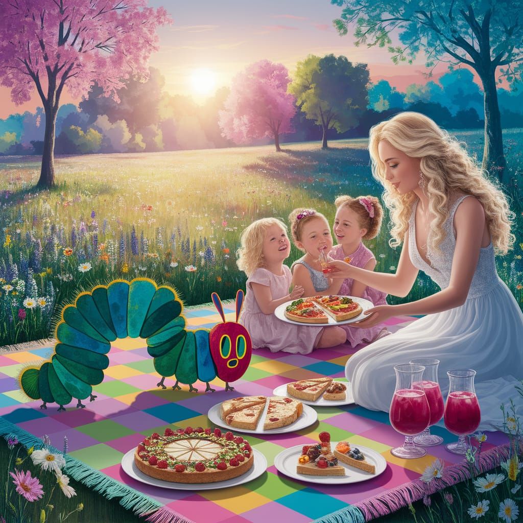 Caterpillar's Impressionistic Picnic Among Wildflowers