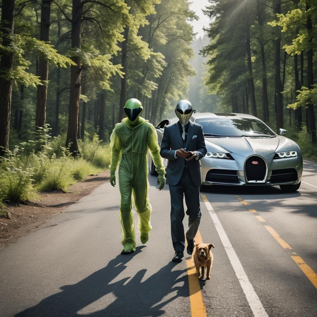 Alien and Pet Crossing Road in Forest