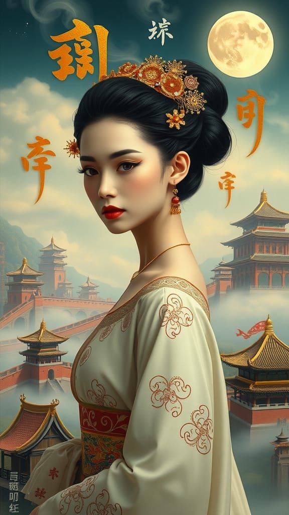 Surreal Chinese Woman in Dreamlike Panorama, Oil Painting
