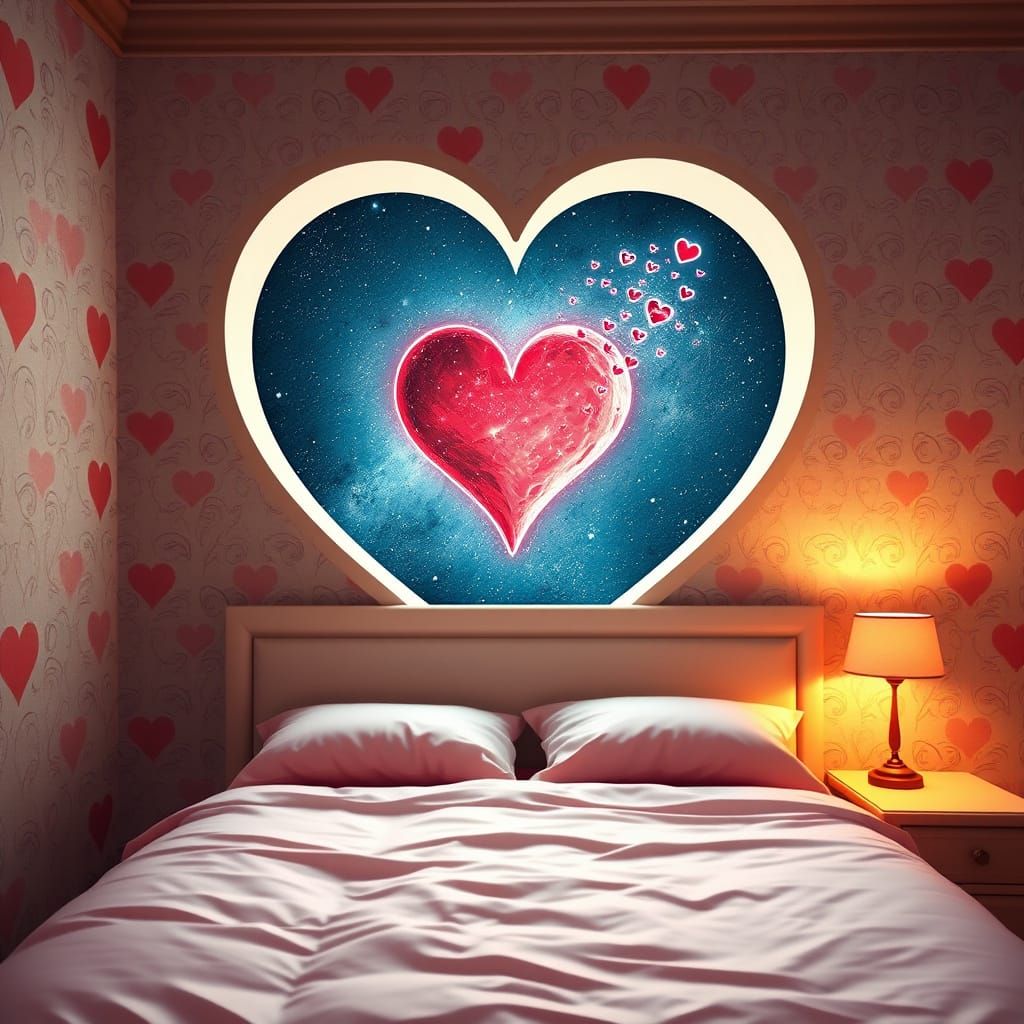 Ethereal Bedroom with Heart Motif and Cosmic View