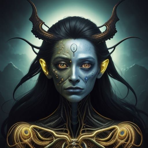 Surreal, Golden-Lit Portrait of a Mutant in Mythological Dre...