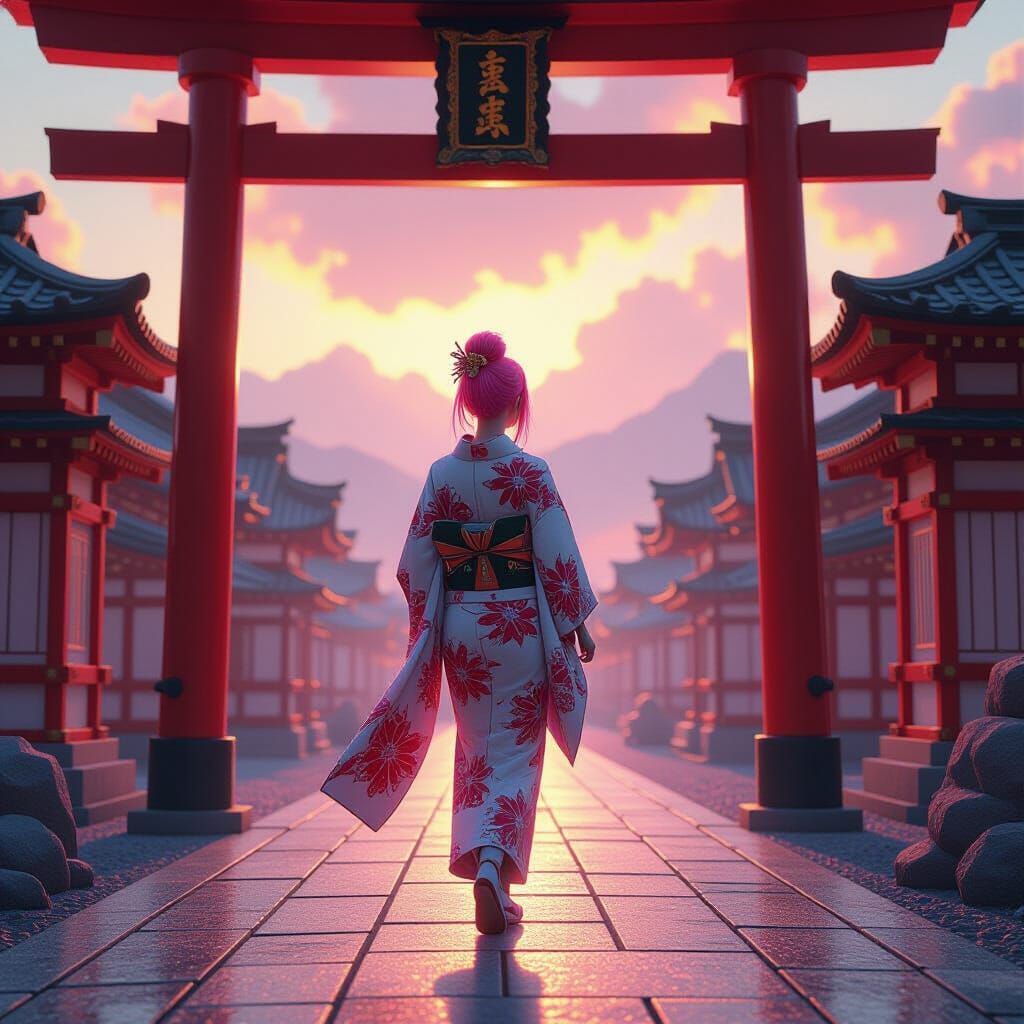 Pink Haired Woman in Kimono Walks Through Torii Gate