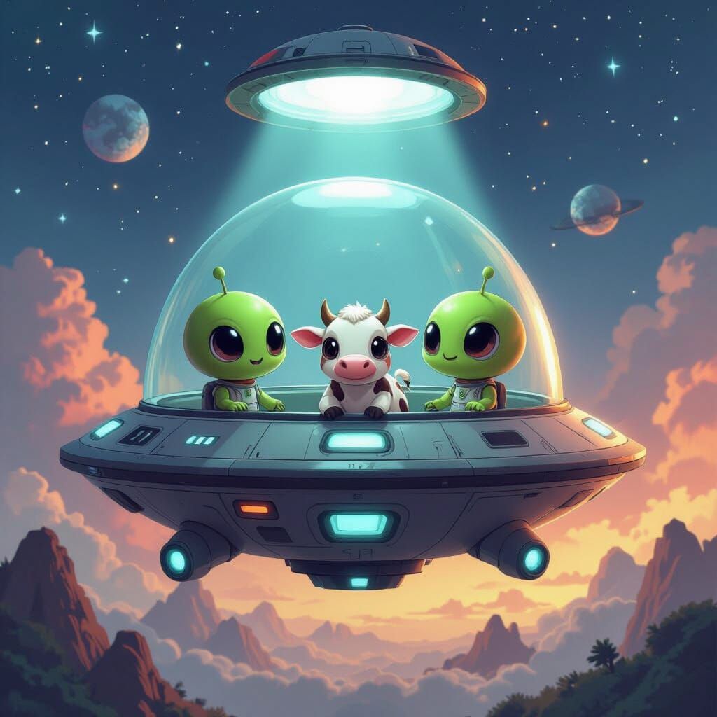Chibi Aliens Abducting Cow in Spaceship