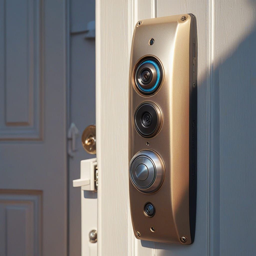 Metallic Robot Plays Doorbell in Whimsical Sci-Fi Scene