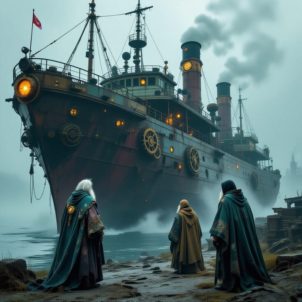 Clockwork Steamboat Scene in Dark Fantasy Style