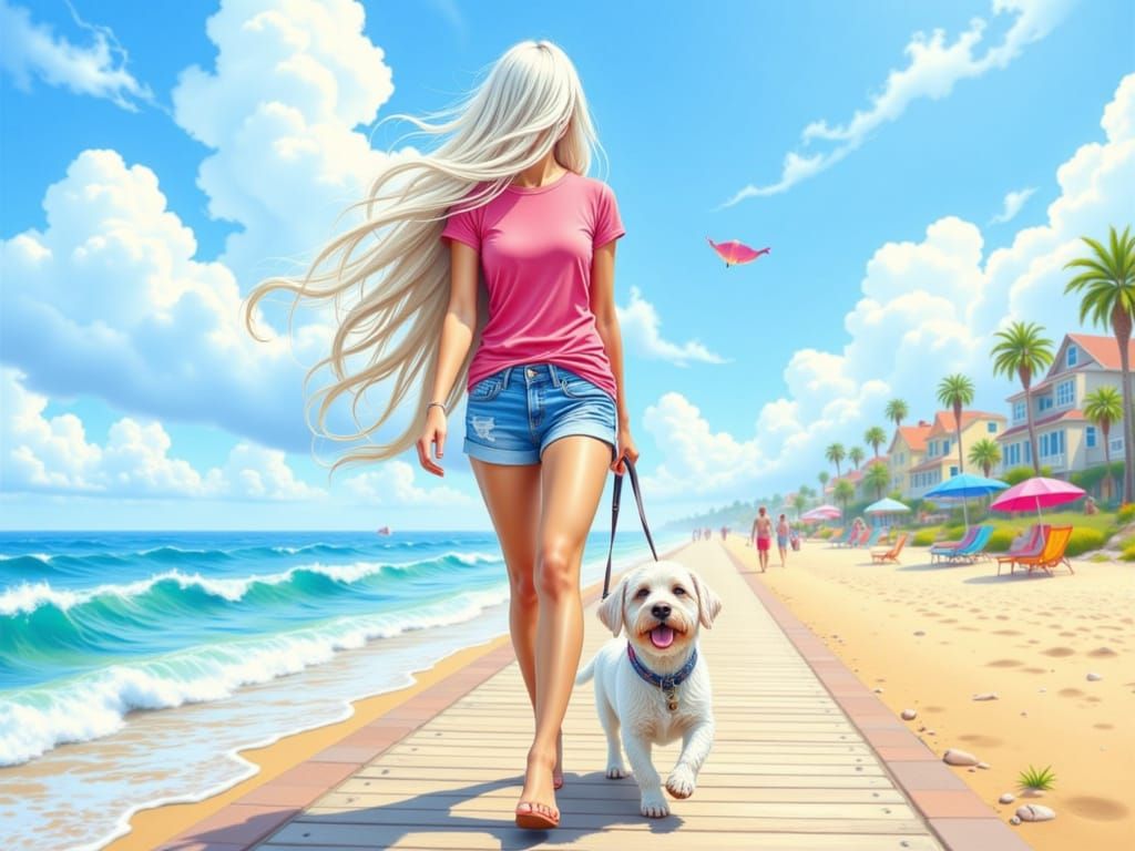 Caricature of Woman Walking Dog on Beach Boardwalk