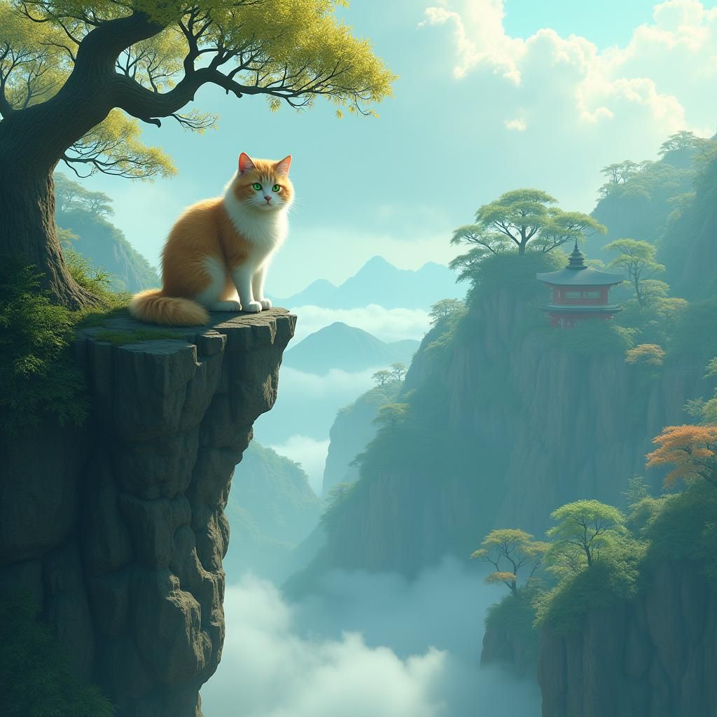Cat Overlooking Japanese Shrine in Anime Style