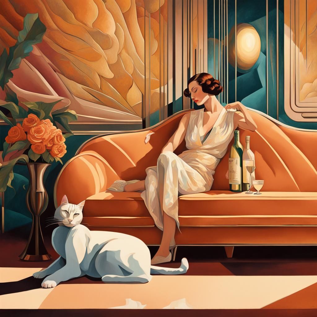 Art Deco Woman with Cat Lounging on Sofa