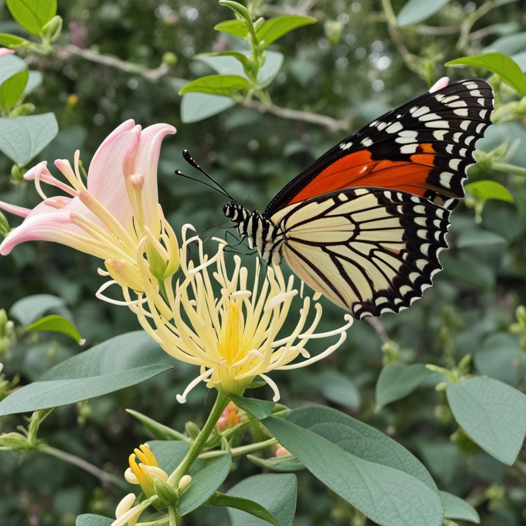 Honeysuckle Flower with Butterfly Macro