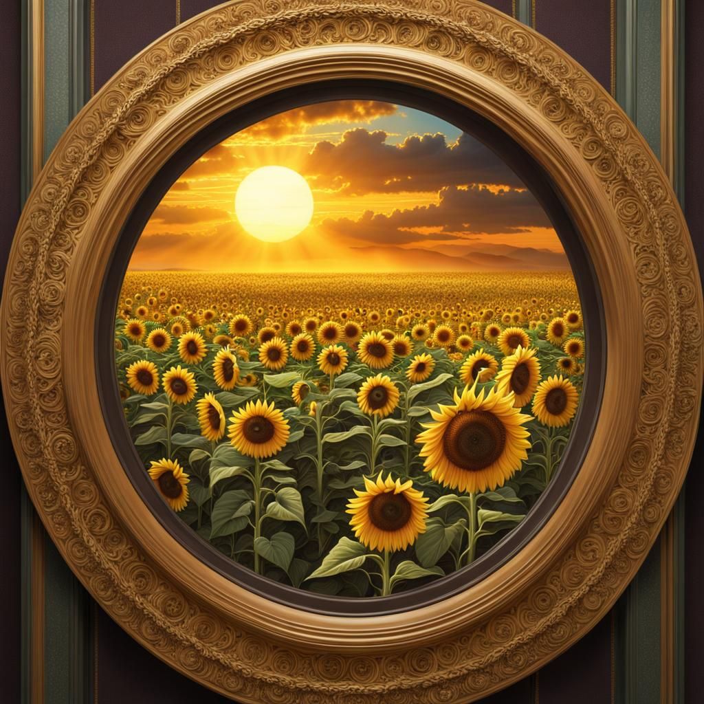 Sunflower Field Through Window, Detailed Matte Painting