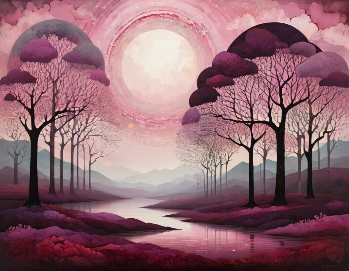 Atmospheric Landscape in Plum and Pink Abstract Art