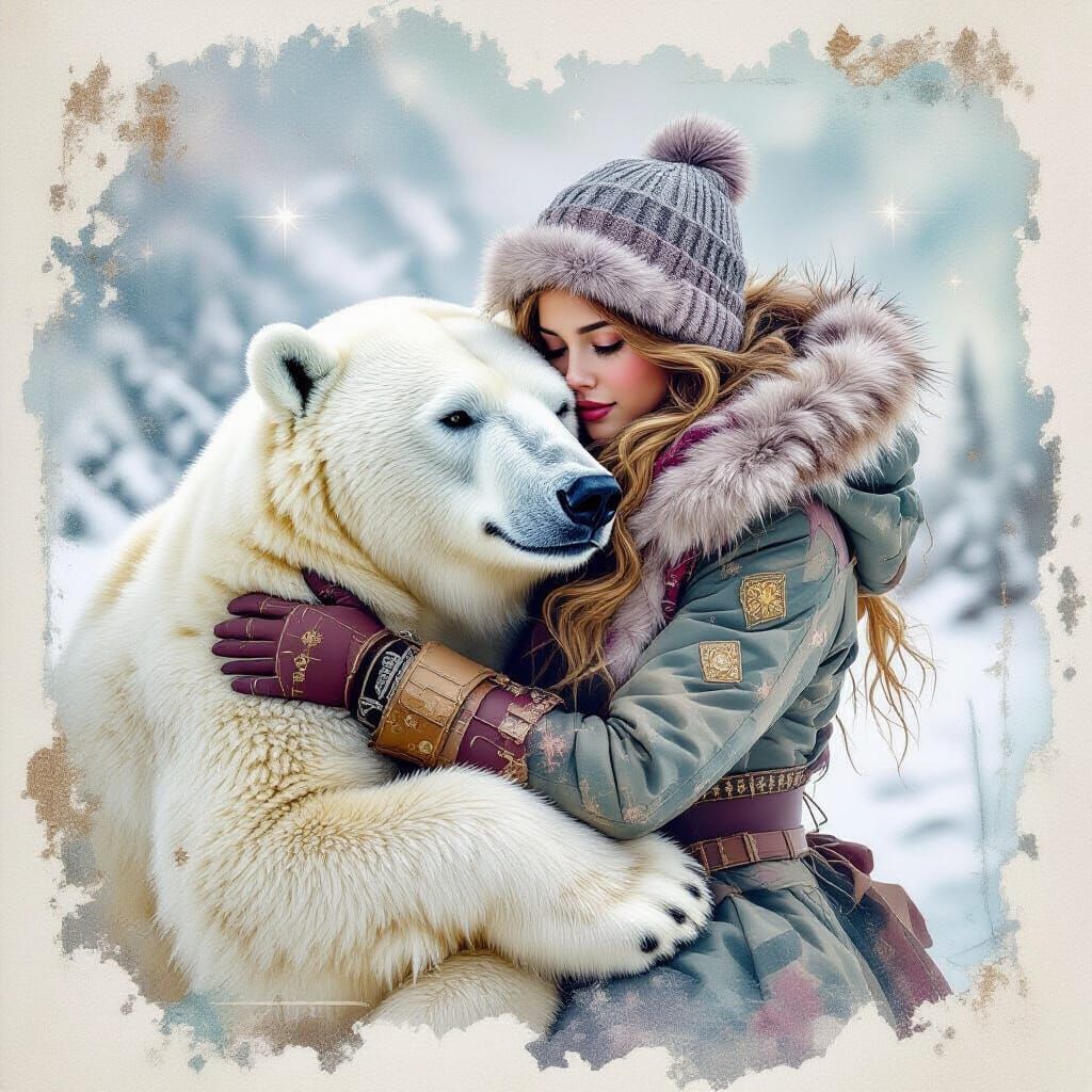 Steampunk Girl Hugging Polar Bear in Tundra Collage