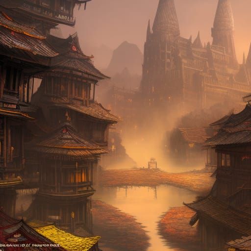 Dark Fantasy Medieval Asian City Slums in Matte Painting