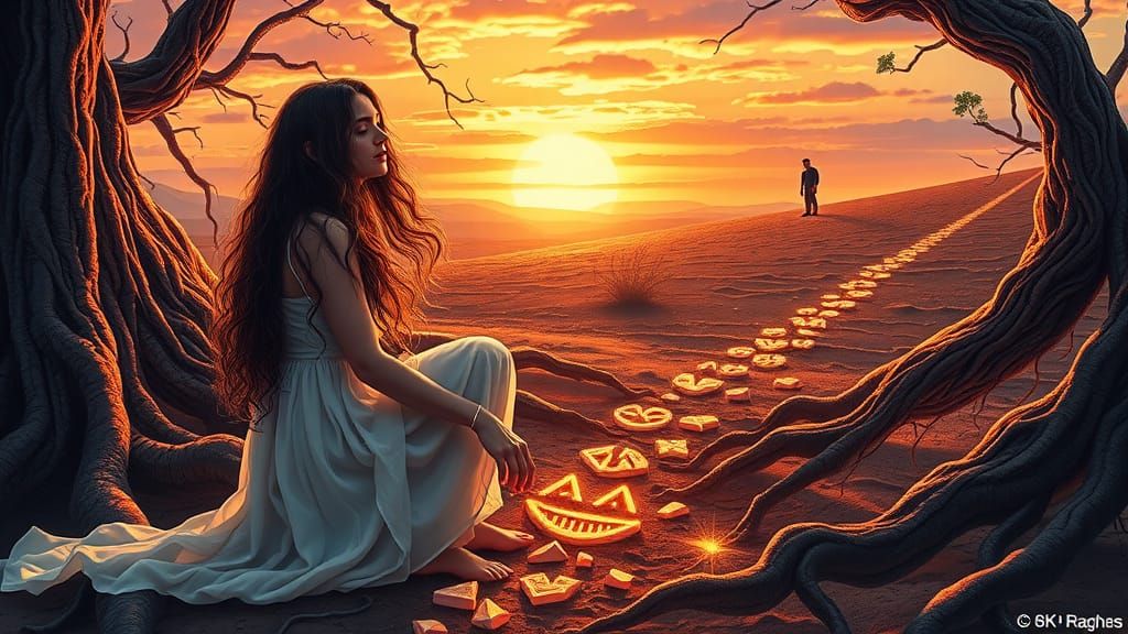 Woman with Mystical Plant in Dreamlike Landscape