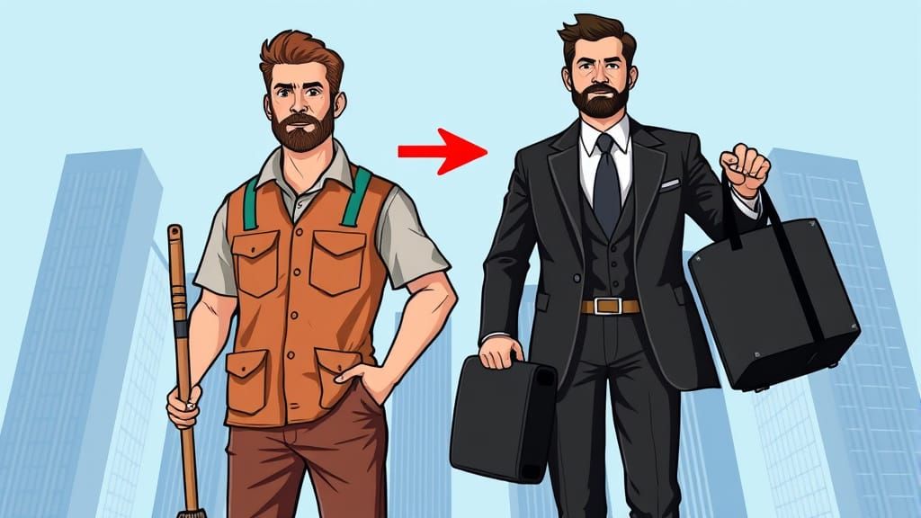 Cartoon Skyscrapers Highlight Two Men and a Red Arrow