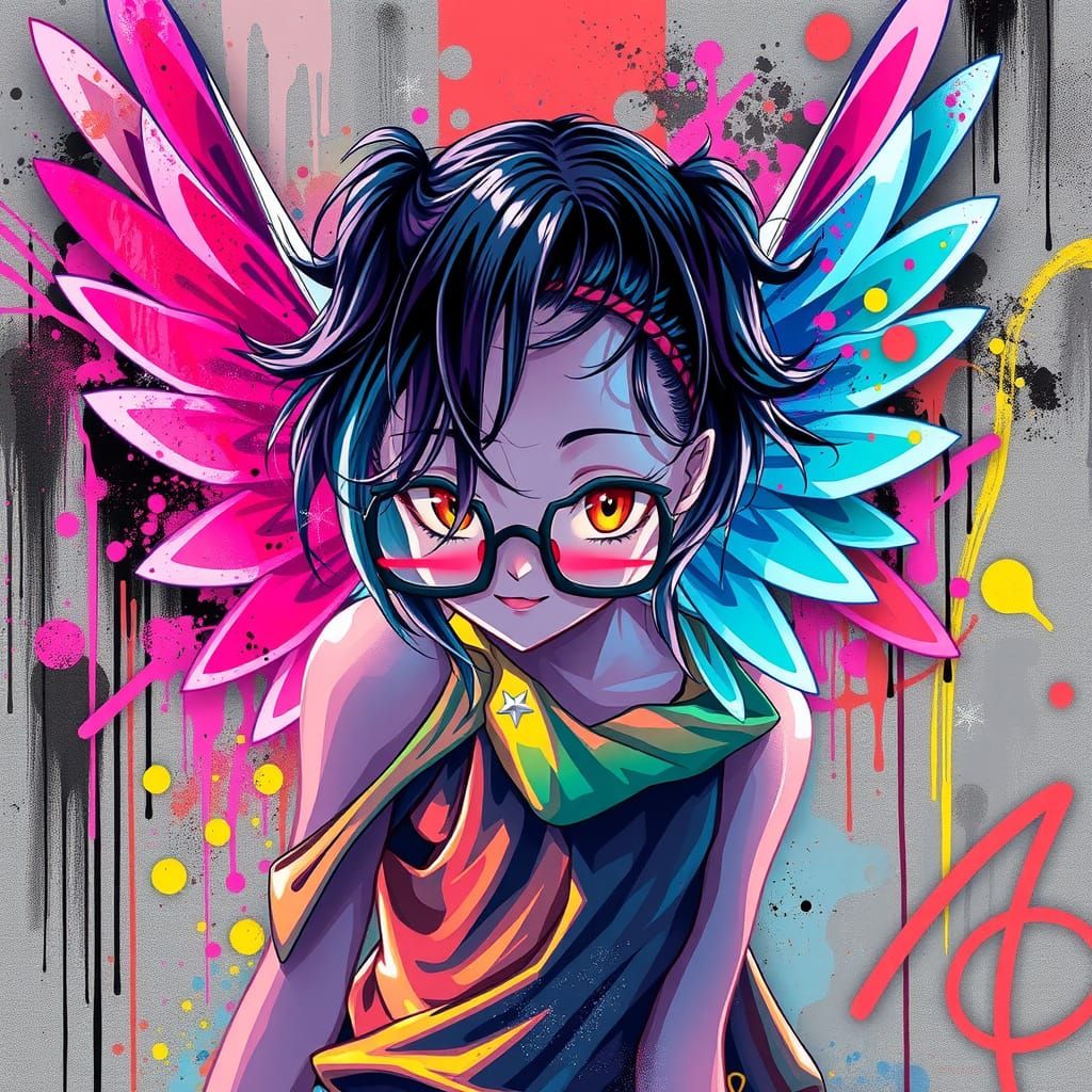 Anime Girl with Neon Wings in Graffiti Art