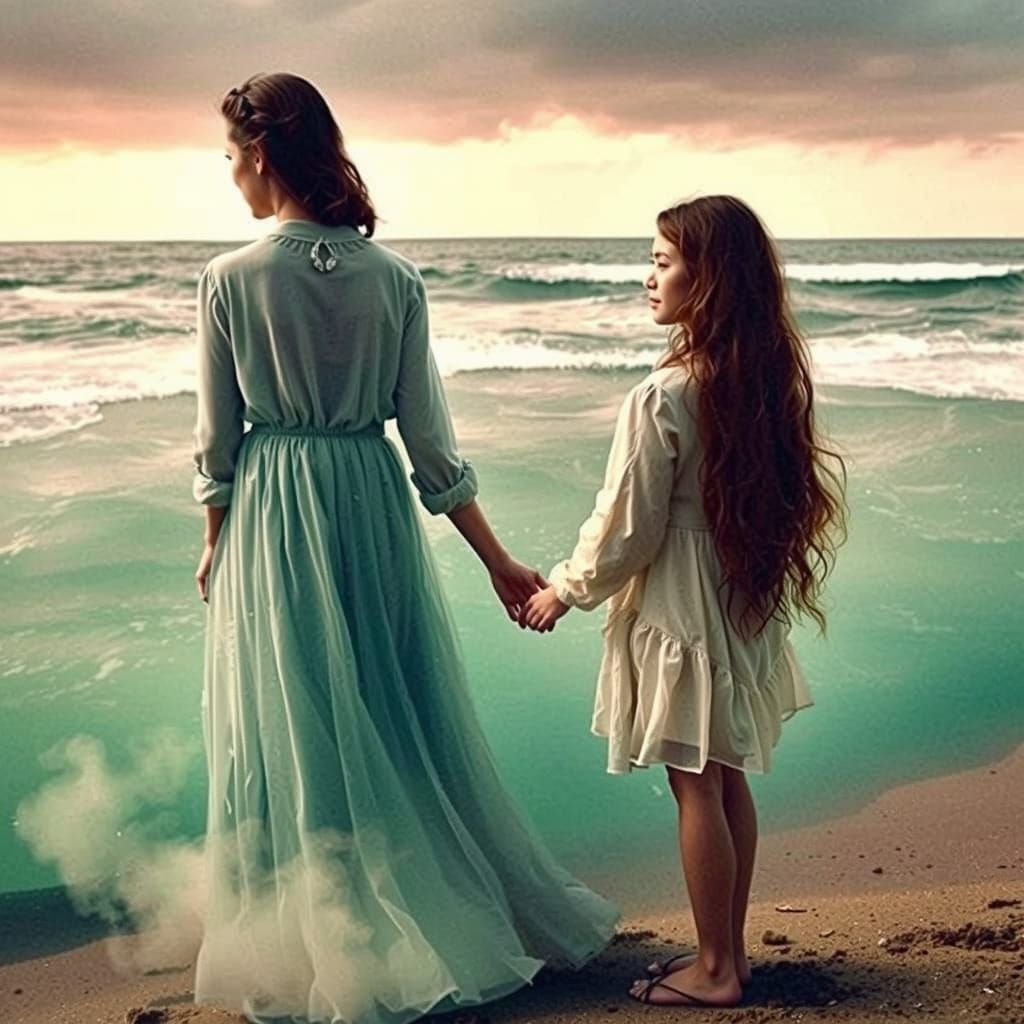 Mother's Ephemeral Goodbye in Ethereal Landscape