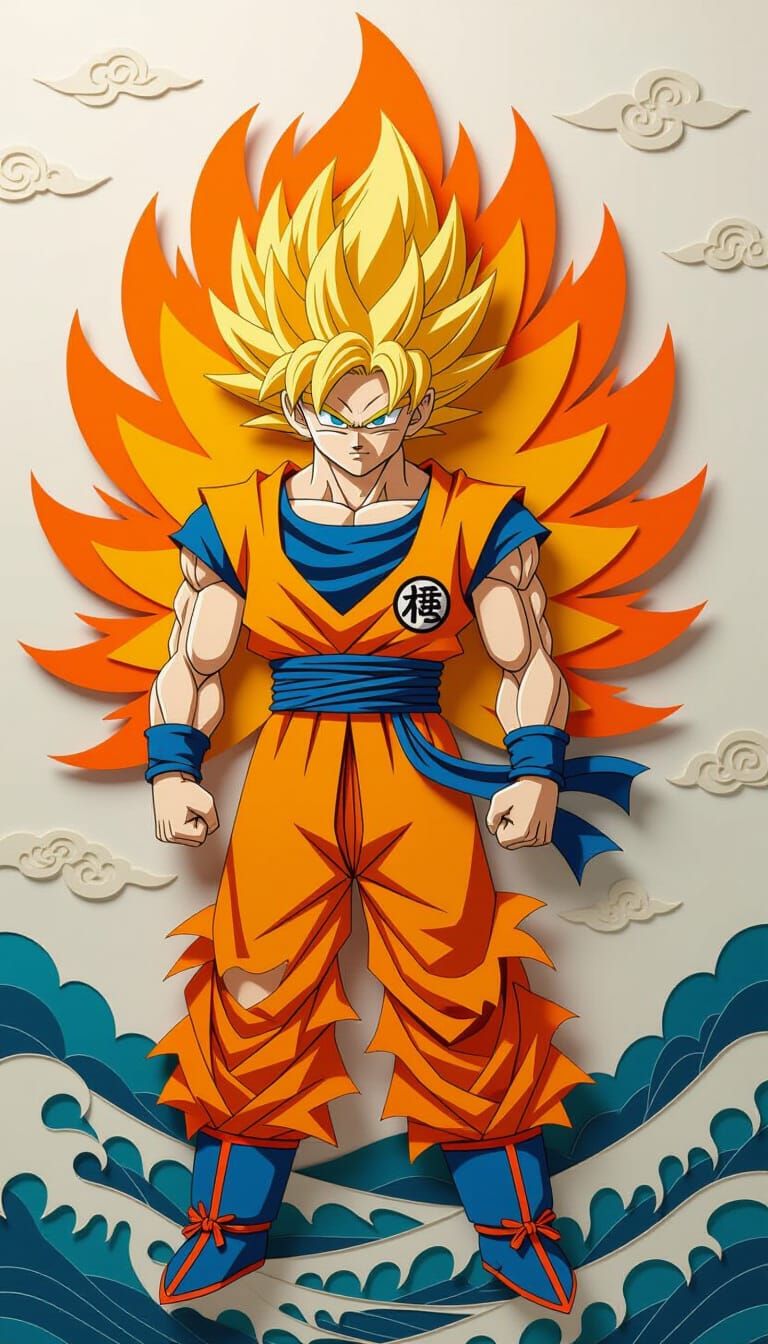 Super Saiyan 3 Goku Paper Art in Hokusai Style