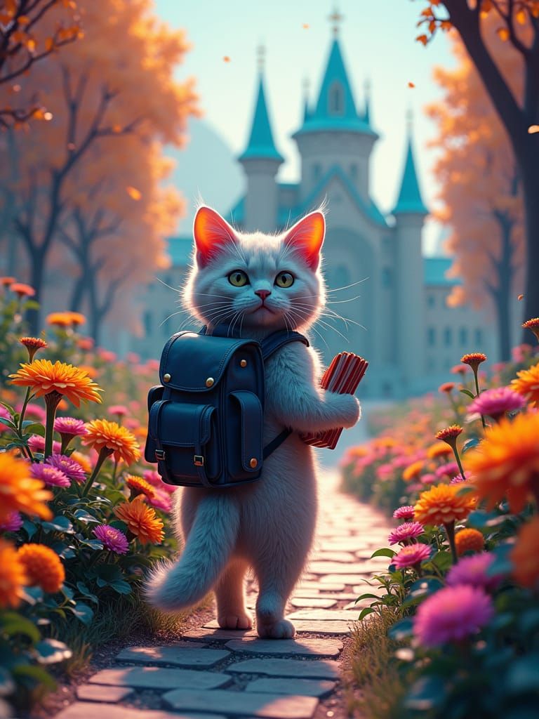Neon Cat's Journey to a Dreamlike School