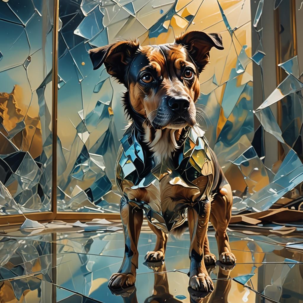 Surreal Dog in Glass Room: Oil Painting Style