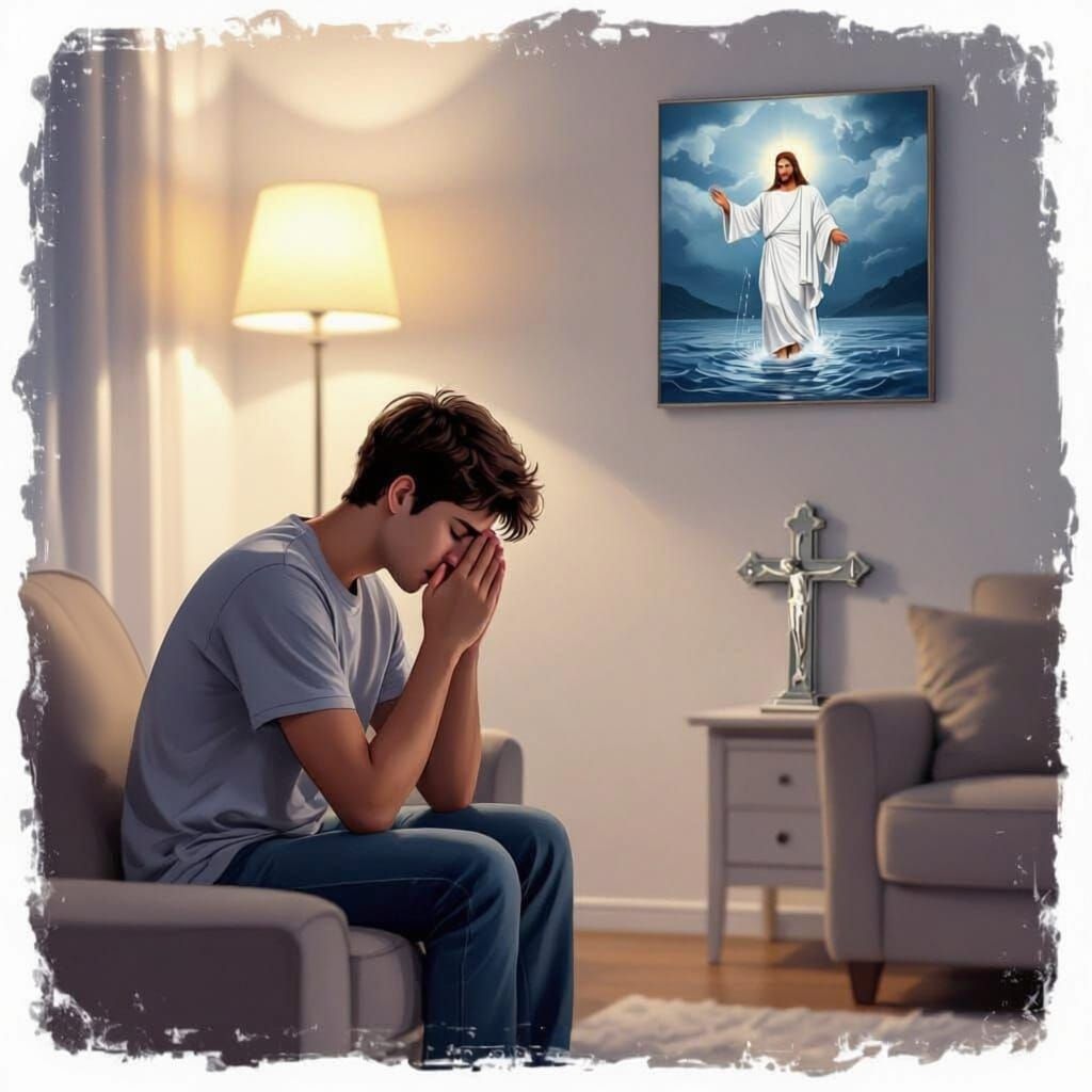 Man Prays to God in Dimly Lit Living Room