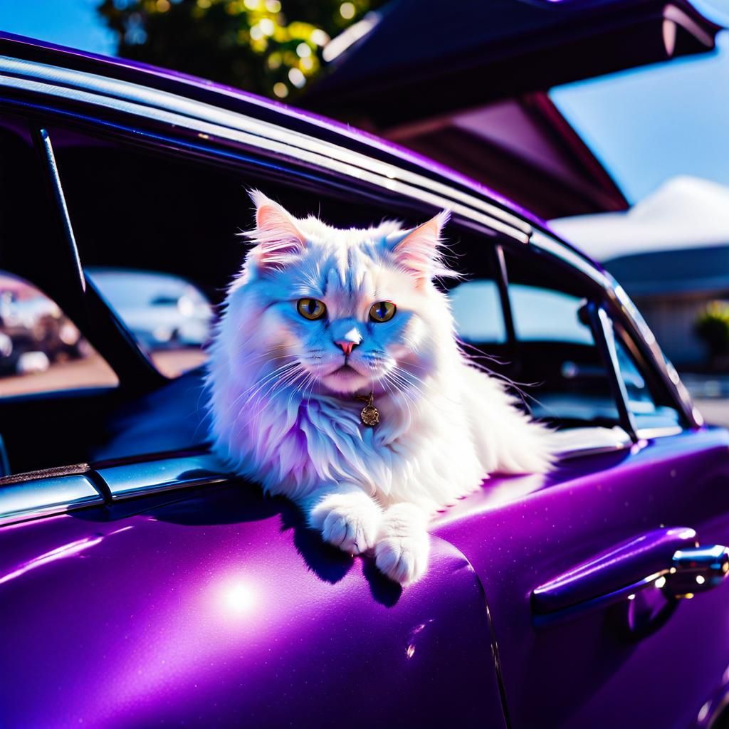 Whimsical Persian Cat Adorns Lavender Ride