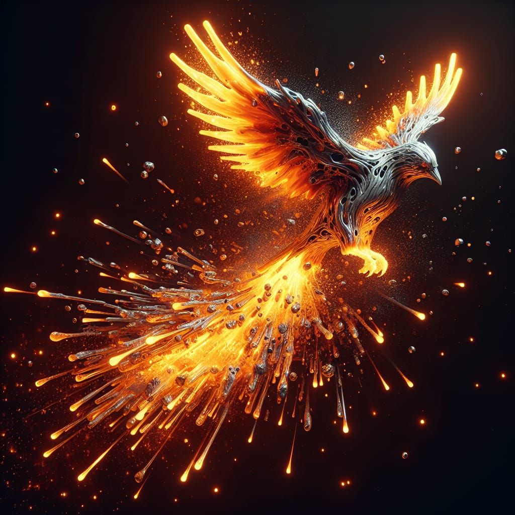 Molten Metal Bird in Flight: 3D Rendered Illustration