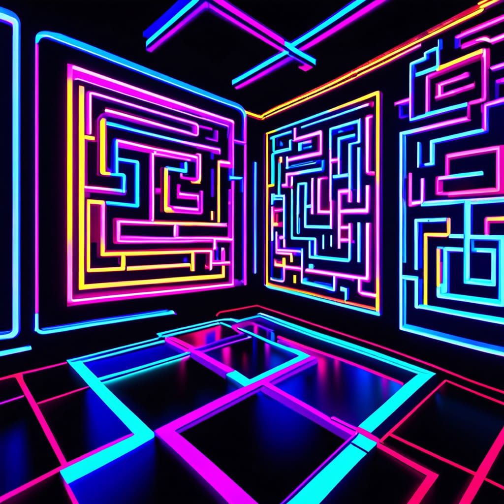 Glowing Neon Maze in a Black Light Room