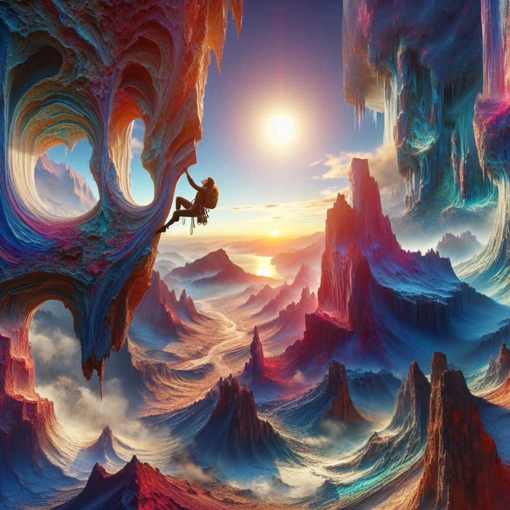 Rock Climber Conquers Fear in Fantasy Landscape
