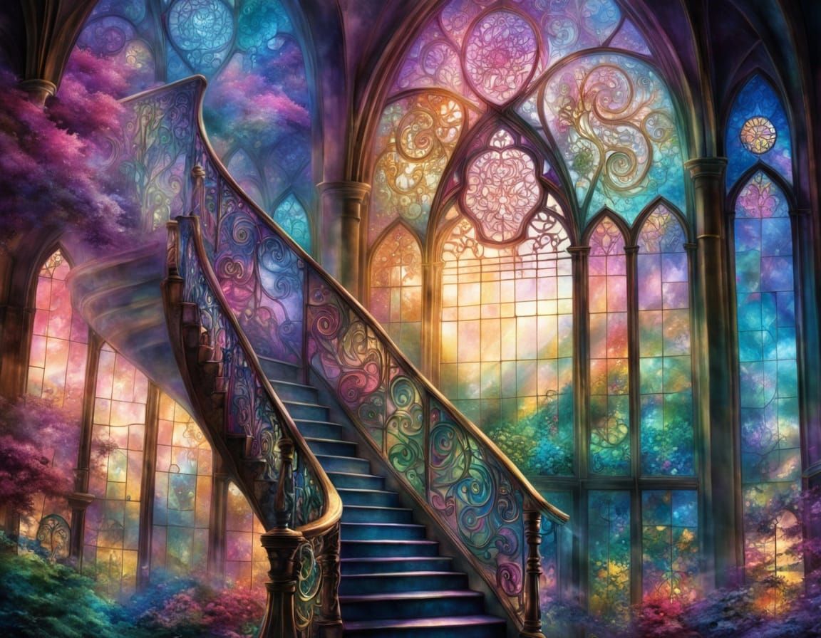 Ethereal Stained Glass Spiral Staircase in Fantastical Mist